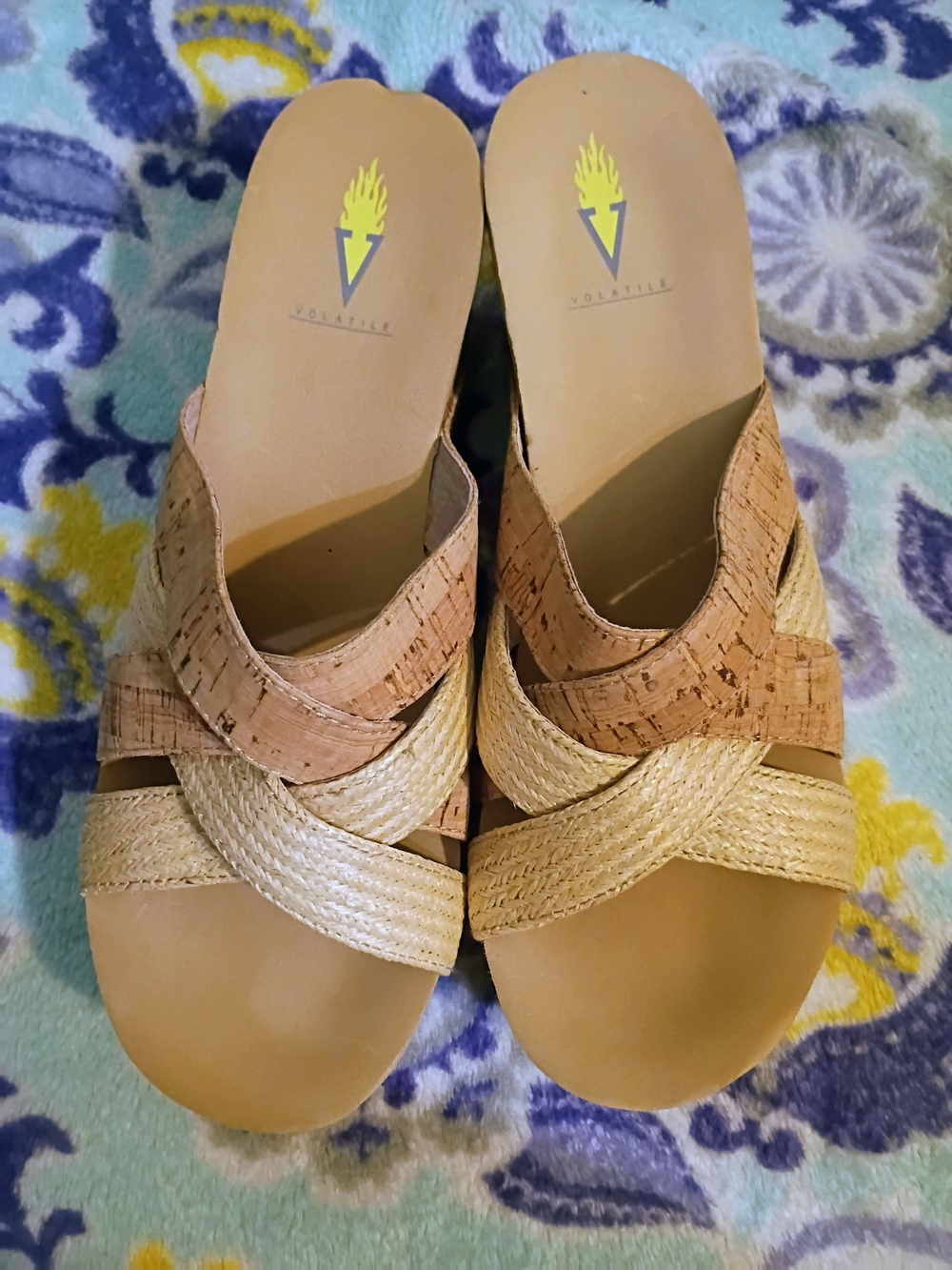 Volatile Natural Cork & Woven Slide Sandals in Tan
